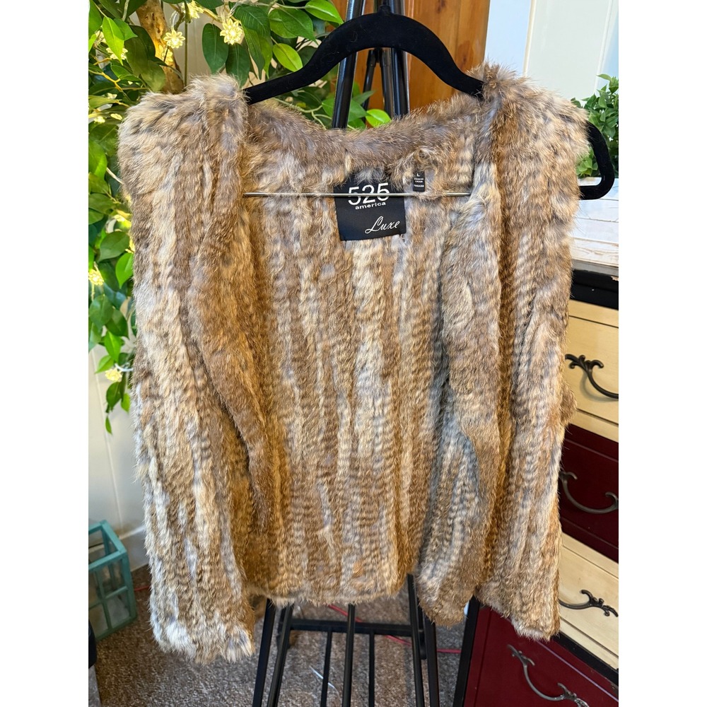 525 America Luxe Rabbit Fur Vest Women's Large Brown Taupe Open Front Cozy Layer